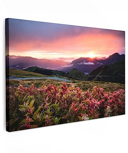 MuchoWow© Leinwände 90x60 cm Wall Decoration Bilder Schlafzimmer Deko Pictures Canvas Painting Wanddekoration Wohnzimmer Bild Natur - Blumen - Berge - Landschaft - Nacht - Himmel - Rosa von MuchoWow