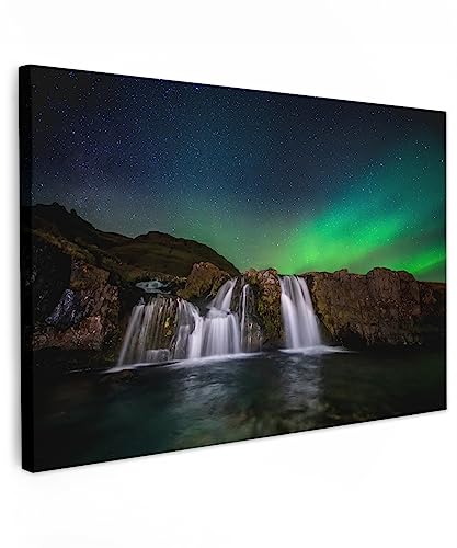 MuchoWow© Leinwände 90x60 cm Wall Decoration Bilder Schlafzimmer Deko Pictures Canvas Painting Wanddekoration Wohnzimmer Landschaftsbilder - Nordlicht - Wasserfall - Island - Bild Natur von MuchoWow