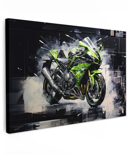 MuchoWow© Leinwände 90x60 cm Wall Decoration Bilder Schlafzimmer Deko Pictures Canvas Painting Wanddekoration Wohnzimmer Leinwandbilder Motorrad - Graffiti - Grün - Grau - Schwarz von MuchoWow