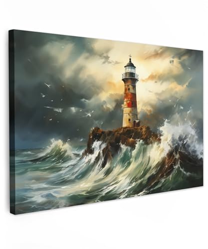 MuchoWow© Leinwände Groß 120x80 cm XXL Wall Decoration Bilder Schlafzimmer Deko Pictures Canvas Painting Wanddekoration Wohnzimmer Maritime - Leuchtturm - Wasser - Meer - Felsen - Ölgemälde von MuchoWow