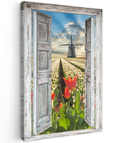 MuchoWow© Leinwände Klein 20x30 cm Mini Wall Decoration Bilder Schlafzimmer Deko Pictures Canvas Painting Wanddekoration Wohnzimmer Blumen - Mühle - Frühling - Fensterblick von MuchoWow