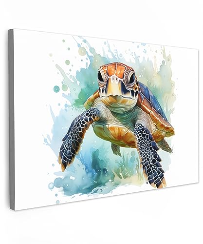 MuchoWow© Leinwände Klein 30x20 cm Mini Wall Decoration Bilder Schlafzimmer Deko Pictures Canvas Painting Wanddekoration Wohnzimmer Maritime - Schildkröte - Blau - Weiß - Natur - Tiere von MuchoWow