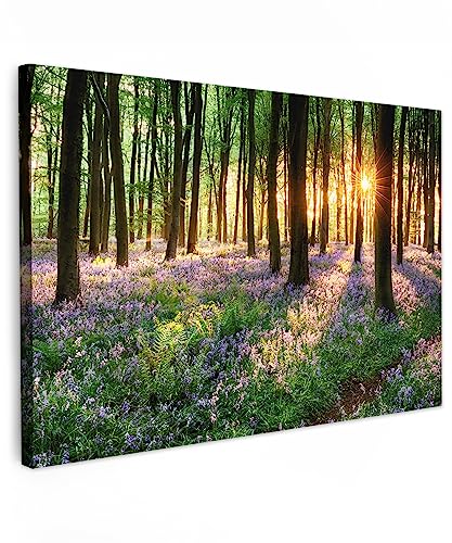 MuchoWow© Leinwand Groß 120x80 cm XXL Deko Schlafzimmer Aesthetic Leinwandbilder Wohnzimmer Gemälde Foto Geschenk Living Room Decoration Wandbild Wald - Natur - Blumen - Sonne - Baum - Lila von MuchoWow