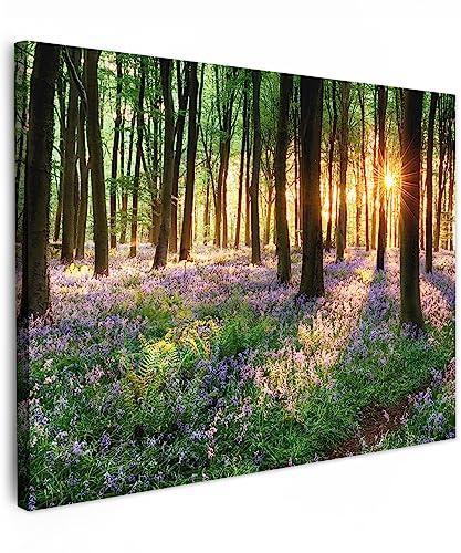 MuchoWow© Leinwand 70x50 cm Deko Schlafzimmer Aesthetic Leinwandbilder Wohnzimmer Gemälde Foto Geschenk Living Room Decoration Wandbild Wald - Natur - Blumen - Sonne - Baum - Lila von MuchoWow