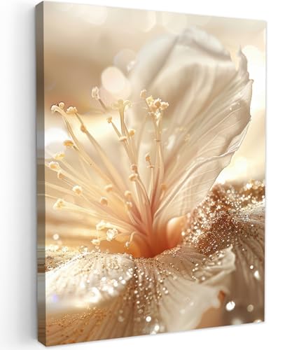 MuchoWow© Leinwand 30x40 cm Deko Schlafzimmer Aesthetic Leinwandbilder Wohnzimmer Gemälde Foto Geschenk Living Room Decoration Blume - Weiß - Glitzer - Gold - Modern von MuchoWow