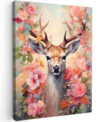 MuchoWow© Leinwand 30x40 cm Deko Schlafzimmer Aesthetic Leinwandbilder Wohnzimmer Gemälde Foto Geschenk Living Room Decoration Hirschkopf Wanddeko Hirsch Bild - Reh - Blumen - Rosa von MuchoWow