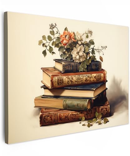 MuchoWow© Leinwand 40x30 cm Deko Schlafzimmer Aesthetic Leinwandbilder Wohnzimmer Gemälde Foto Geschenk Living Room Decoration Vintage - Bücher - Blumen - Weiß von MuchoWow