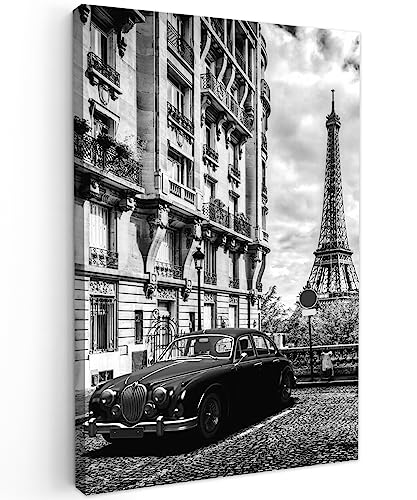 MuchoWow© Leinwand 40x60 cm Deko Schlafzimmer Aesthetic Leinwandbilder Wohnzimmer Gemälde Foto Geschenk Living Room Decoration Bilder Schwarz Weiß - Paris mit einem Auto - Weiss von MuchoWow