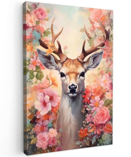 MuchoWow© Leinwand 40x60 cm Deko Schlafzimmer Aesthetic Leinwandbilder Wohnzimmer Gemälde Foto Geschenk Living Room Decoration Hirschkopf Wanddeko Hirsch Bild - Reh - Blumen - Rosa von MuchoWow