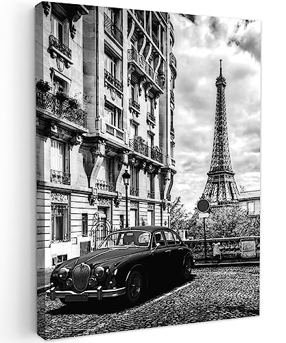 MuchoWow© Leinwand 50x70 cm Deko Schlafzimmer Aesthetic Leinwandbilder Wohnzimmer Gemälde Foto Geschenk Living Room Decoration Bilder Schwarz Weiß - Paris mit einem Auto - Weiss von MuchoWow