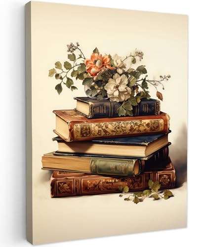 MuchoWow© Leinwand 50x70 cm Deko Schlafzimmer Aesthetic Leinwandbilder Wohnzimmer Gemälde Foto Geschenk Living Room Decoration Vintage - Bücher - Blumen - Weiß von MuchoWow