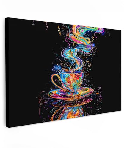 MuchoWow© Leinwand 60x40 cm Deko Schlafzimmer Aesthetic Leinwandbilder Wohnzimmer Gemälde Foto Geschenk Living Room Decoration Bilder Küche - Kaffee - Farbenfroh - Schwarz - Tasse von MuchoWow