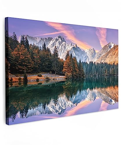 MuchoWow© Leinwand 60x40 cm Deko Schlafzimmer Aesthetic Leinwandbilder Wohnzimmer Gemälde Foto Geschenk Living Room Decoration Bilder Natur - Berge - Wald - Wasser - Himmel - Rosa - Lila von MuchoWow