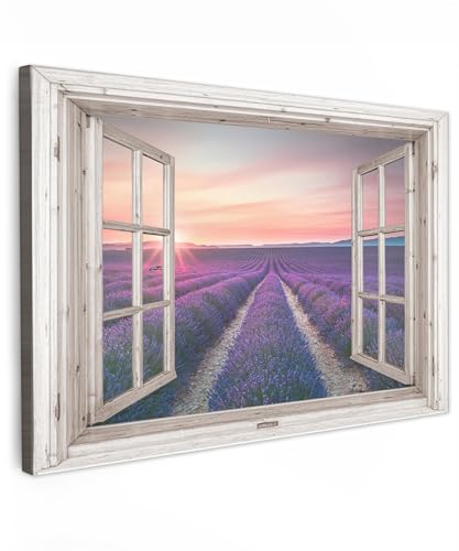 MuchoWow© Leinwand 60x40 cm Deko Schlafzimmer Aesthetic Leinwandbilder Wohnzimmer Gemälde Foto Geschenk Living Room Decoration Fensterblick - Lavendel - Holz - Sonnenuntergang - Lila von MuchoWow