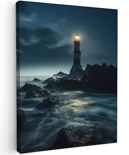 MuchoWow© Leinwand 60x80 cm Deko Schlafzimmer Aesthetic Leinwandbilder Wohnzimmer Gemälde Foto Geschenk Living Room Decoration Maritime - Leuchtturm - Meer - Nebel - Felsen - Maritim - Natur von MuchoWow