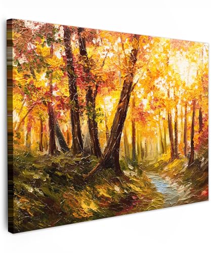 MuchoWow© Leinwand 70x50 cm Deko Schlafzimmer Aesthetic Leinwandbilder Wohnzimmer Gemälde Foto Geschenk Living Room Decoration Gemälde - Herbst - Wald - Ölgemälde von MuchoWow