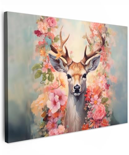 MuchoWow© Leinwand 70x50 cm Deko Schlafzimmer Aesthetic Leinwandbilder Wohnzimmer Gemälde Foto Geschenk Living Room Decoration Hirschkopf Wanddeko Hirsch Bild - Reh - Blumen - Rosa von MuchoWow