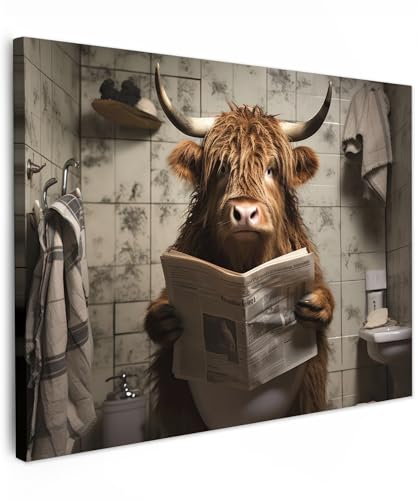 MuchoWow© Leinwand 70x50 cm Deko Schlafzimmer Aesthetic Leinwandbilder Wohnzimmer Gemälde Foto Geschenk Living Room Decoration Schottische Hochlandrind - Toilette - Zeitung - Badezimmer von MuchoWow