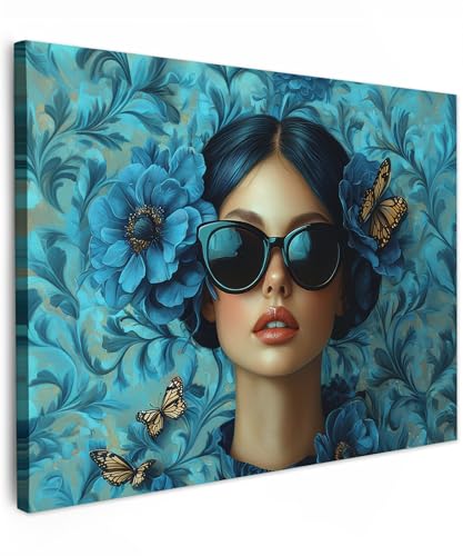 MuchoWow© Leinwand 80x60 cm Deko Schlafzimmer Aesthetic Leinwandbilder Wohnzimmer Gemälde Foto Geschenk Living Room Decoration Frau - Blumen - Schmetterlinge - Blau - Abstrakt von MuchoWow