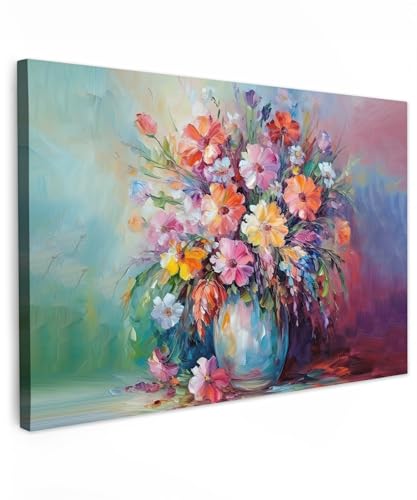 MuchoWow© Leinwand 90x60 cm Deko Schlafzimmer Aesthetic Leinwandbilder Wohnzimmer Gemälde Foto Geschenk Living Room Decoration Kunstdruck - Bunt - Blumen - Kunst - Malerei - Blumenstrauß von MuchoWow