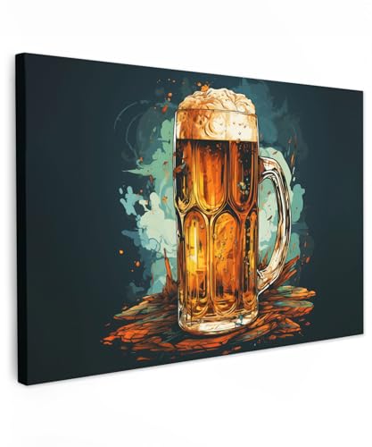 MuchoWow© Leinwand 90x60 cm Deko Schlafzimmer Aesthetic Leinwandbilder Wohnzimmer Gemälde Foto Geschenk Living Room Decoration Retro - Bier - Becher - Glas - Farbe - Blau von MuchoWow