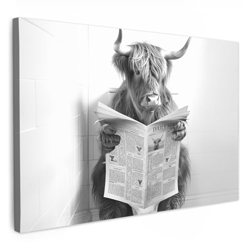 MuchoWow© Leinwand Bilder 120x80 cm Wanddeko Badezimmer WC Aesthetic Room Decor Deko Zimmer Wandbilder Modern Bild auf Leinwand Highlander - Kuh - Toilette - Zeitung - Schwarz und weiß von MuchoWow