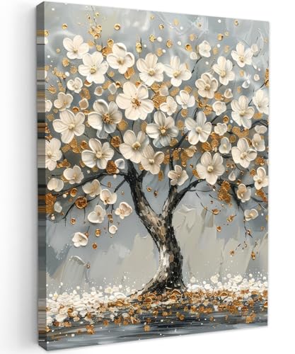 MuchoWow© Leinwand Bilder 30x40 cm Wanddeko Wohnzimmer Aesthetic Room Decor Deko Zimmer Wandbilder Modern Bild auf Leinwand Baum - Blumen - Weiß - Natur - Kunst von MuchoWow