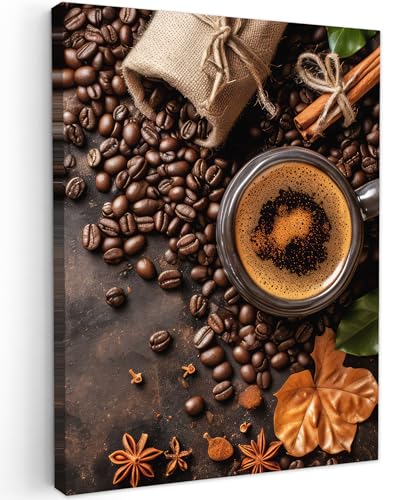 MuchoWow© Leinwand Bilder 30x40 cm Wanddeko Wohnzimmer Aesthetic Room Decor Deko Zimmer Wandbilder Modern Fotogeschenke Kaffee - Küche - Kaffeebohnen - Blätter von MuchoWow