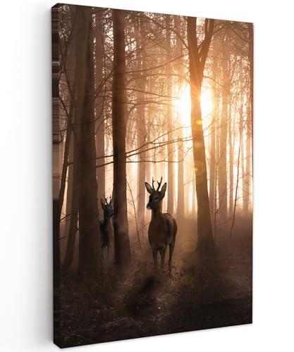 MuchoWow© Leinwand Bilder 40x60 cm Wanddeko Wohnzimmer Aesthetic Room Decor Deko Zimmer Wandbilder Modern Fotogeschenke Hirsch Bild - Rotwild - REH - Sonne - Bäume - Winter - Natur - Tiere von MuchoWow