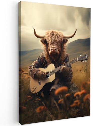 MuchoWow© Leinwand Bilder 40x60 cm Wanddeko Wohnzimmer Aesthetic Room Decor Deko Zimmer Wandbilder Modern Fotogeschenke Schottische Hochlandrind - Kuh - Highland Cow - Gitar - Blumen - Berge von MuchoWow