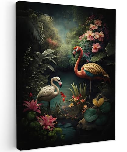 MuchoWow© Leinwand Bilder 50x70 cm Wanddeko Wohnzimmer Aesthetic Room Decor Deko Zimmer Wandbilder Modern Fotogeschenke Flamingo - Blumen - Dschungel - Vögel - Natur von MuchoWow