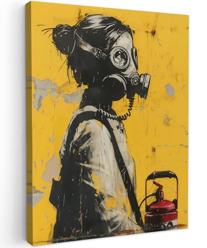 MuchoWow© Leinwand Bilder 50x70 cm Wanddeko Wohnzimmer Aesthetic Room Decor Deko Zimmer Wandbilder Modern Bild auf Leinwand Vintage - Street art - Mädchen - Maske - Gelb - Banksy von MuchoWow