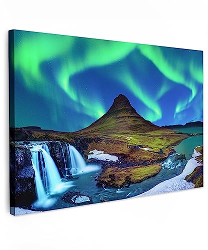 MuchoWow© Leinwand Bilder 60x40 cm Wanddeko Wohnzimmer Aesthetic Room Decor Deko Zimmer Wandbilder Modern Fotogeschenke Bild Natur - Nordlichter - Sternenhimmel - Berg - Grün - Wasserfall von MuchoWow