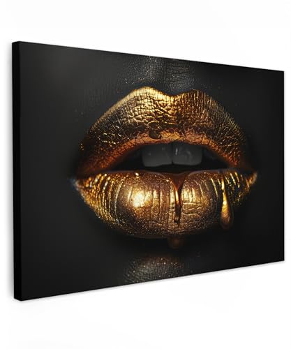 MuchoWow© Leinwand Bilder 60x40 cm Wanddeko Wohnzimmer Aesthetic Room Decor Deko Zimmer Wandbilder Modern Fotogeschenke Frau - Porträt - Lippen - Gold - Schwarz von MuchoWow