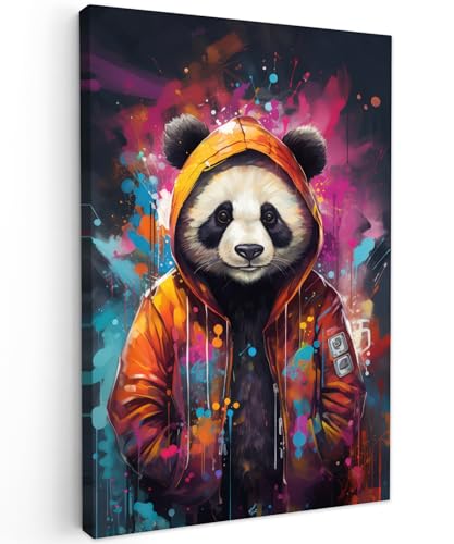 MuchoWow© Leinwand Bilder 60x90 cm Wanddeko Wohnzimmer Aesthetic Room Decor Deko Zimmer Wandbilder Modern Fotogeschenke Banksy - Street Pop Art - Panda - Mantel - Graffiti - Orange von MuchoWow