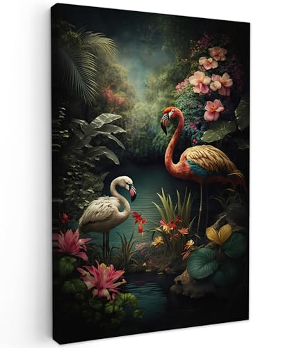 MuchoWow© Leinwand Bilder 60x90 cm Wanddeko Wohnzimmer Aesthetic Room Decor Deko Zimmer Wandbilder Modern Fotogeschenke Flamingo - Blumen - Dschungel - Vögel - Natur von MuchoWow