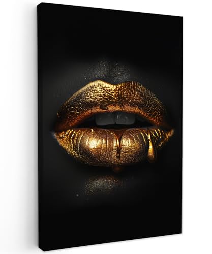 MuchoWow© Leinwand Bilder 60x90 cm Wanddeko Wohnzimmer Aesthetic Room Decor Deko Zimmer Wandbilder Modern Fotogeschenke Frau - Porträt - Lippen - Gold - Schwarz von MuchoWow