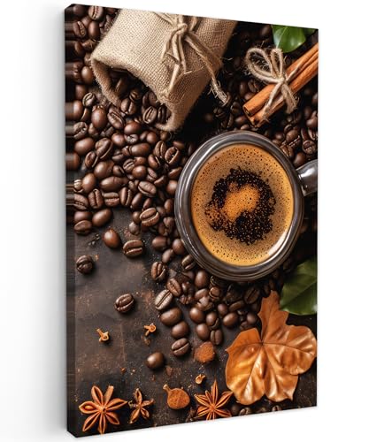 MuchoWow© Leinwand Bilder 60x90 cm Wanddeko Wohnzimmer Aesthetic Room Decor Deko Zimmer Wandbilder Modern Fotogeschenke Kaffee - Küche - Kaffeebohnen - Blätter von MuchoWow