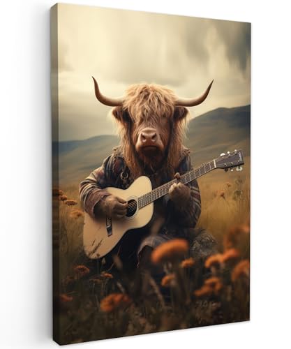 MuchoWow© Leinwand Bilder 60x90 cm Wanddeko Wohnzimmer Aesthetic Room Decor Deko Zimmer Wandbilder Modern Fotogeschenke Schottische Hochlandrind - Kuh - Highland Cow - Gitar - Blumen - Berge von MuchoWow