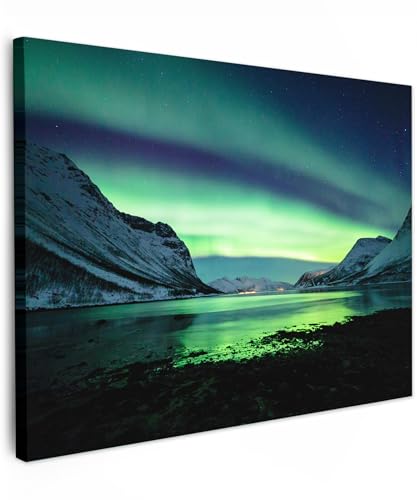 MuchoWow© Leinwand Bilder 70x50 cm Wanddeko Wohnzimmer Aesthetic Room Decor Deko Zimmer Wandbilder Modern Fotogeschenke Bild Natur - Nordlichter - Norwegen - Eis - Berg - Wasser - Schnee von MuchoWow