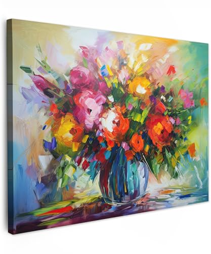 MuchoWow© Leinwand Bilder 70x50 cm Wanddeko Wohnzimmer Aesthetic Room Decor Deko Zimmer Wandbilder Modern Fotogeschenke Kunstdruck - Blumen - Bunt - Blumentopf - Ölfarbe von MuchoWow