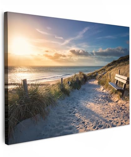 MuchoWow© Leinwand Bilder 70x50 cm Wanddeko Wohnzimmer Aesthetic Room Decor Deko Zimmer Wandbilder Modern Fotogeschenke Sonnenuntergang - Strand und Meer - Düne - Gras - Bank - Sonne von MuchoWow