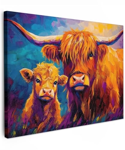 MuchoWow© Leinwand Bilder 80x60 cm Wanddeko Wohnzimmer Aesthetic Room Decor Deko Zimmer Wandbilder Modern Bild auf Leinwand Schottische Hochlandrind - Kühe - Tiere - Kunst von MuchoWow