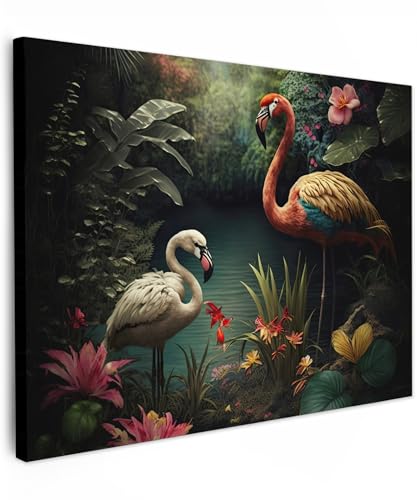 MuchoWow© Leinwand Bilder 80x60 cm Wanddeko Wohnzimmer Aesthetic Room Decor Deko Zimmer Wandbilder Modern Fotogeschenke Flamingo - Blumen - Dschungel - Vögel - Natur von MuchoWow