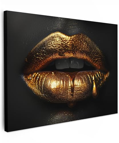 MuchoWow© Leinwand Bilder 80x60 cm Wanddeko Wohnzimmer Aesthetic Room Decor Deko Zimmer Wandbilder Modern Fotogeschenke Frau - Porträt - Lippen - Gold - Schwarz von MuchoWow