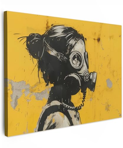 MuchoWow© Leinwand Bilder 80x60 cm Wanddeko Wohnzimmer Aesthetic Room Decor Deko Zimmer Wandbilder Modern Bild auf Leinwand Vintage - Street art - Mädchen - Maske - Gelb - Banksy von MuchoWow