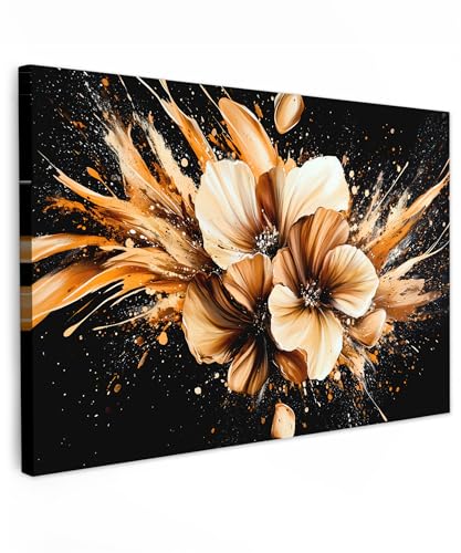 MuchoWow© Leinwand Bilder 90x60 cm Wanddeko Wohnzimmer Aesthetic Room Decor Deko Zimmer Wandbilder Modern Bild auf Leinwand Blumen - Gold - Graffiti - Schwarz - Abstrakt von MuchoWow