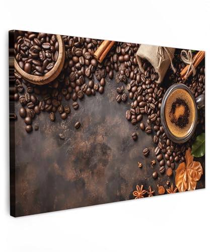 MuchoWow© Leinwand Bilder 90x60 cm Wanddeko Wohnzimmer Aesthetic Room Decor Deko Zimmer Wandbilder Modern Fotogeschenke Kaffee - Küche - Kaffeebohnen - Blätter von MuchoWow