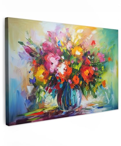 MuchoWow© Leinwand Bilder 90x60 cm Wanddeko Wohnzimmer Aesthetic Room Decor Deko Zimmer Wandbilder Modern Fotogeschenke Kunstdruck - Blumen - Bunt - Blumentopf - Ölfarbe von MuchoWow