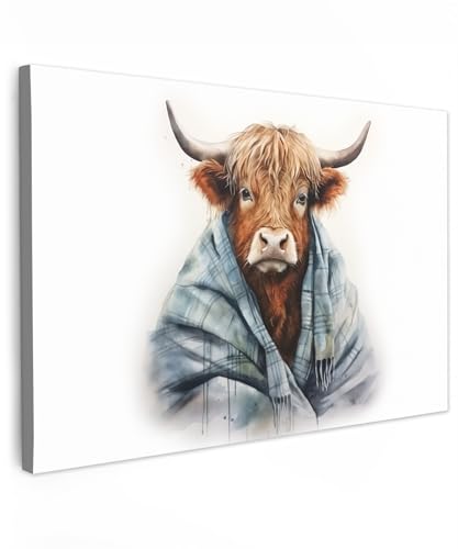 MuchoWow© Leinwand Bilder 90x60 cm Wanddeko Wohnzimmer Aesthetic Room Decor Deko Zimmer Wandbilder Modern Fotogeschenke Schottische Hochlandrind - Kuh - Highland Cow - Decke - Weiß von MuchoWow